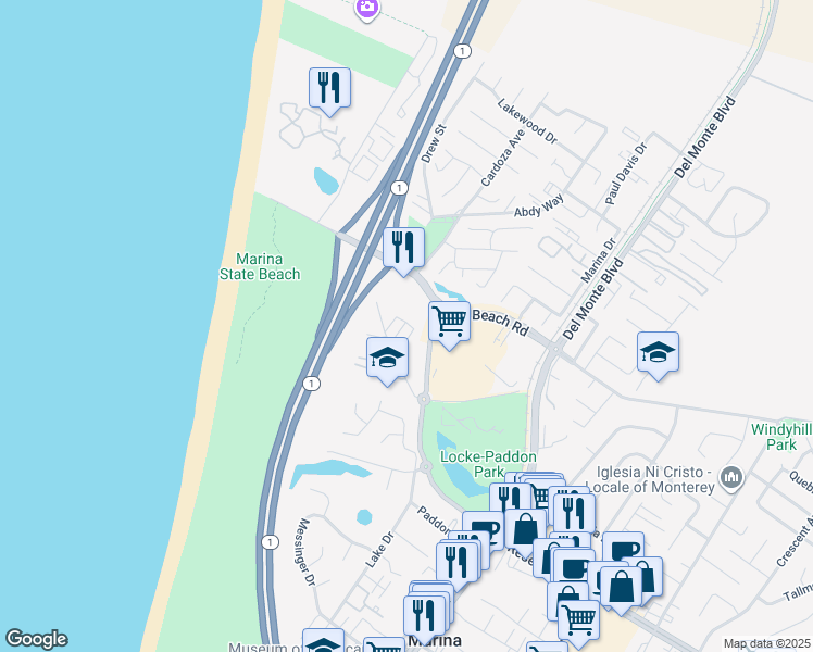 map of restaurants, bars, coffee shops, grocery stores, and more near 3214 Playa Court in Marina