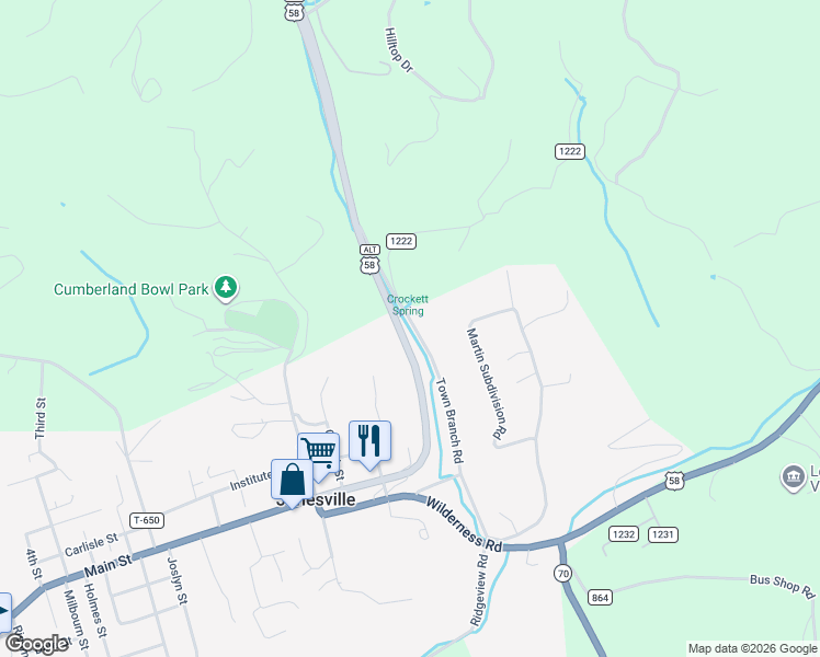 map of restaurants, bars, coffee shops, grocery stores, and more near 301-399 Town Branch Road in Jonesville