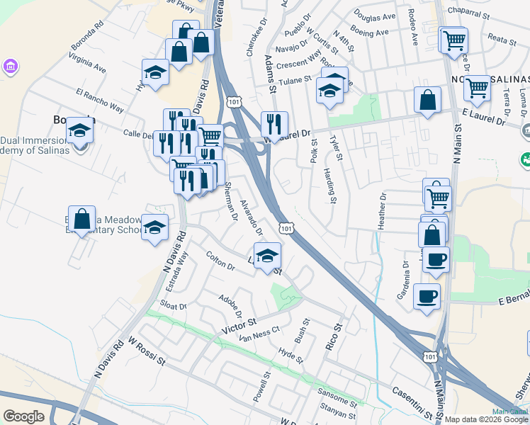 map of restaurants, bars, coffee shops, grocery stores, and more near 684 Alvarado Court in Salinas
