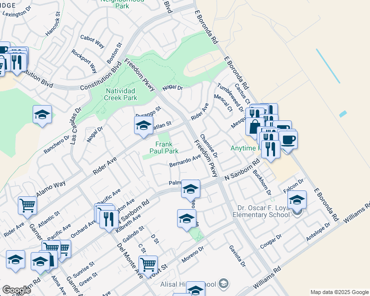 map of restaurants, bars, coffee shops, grocery stores, and more near 835 La Cuesta Court in Salinas
