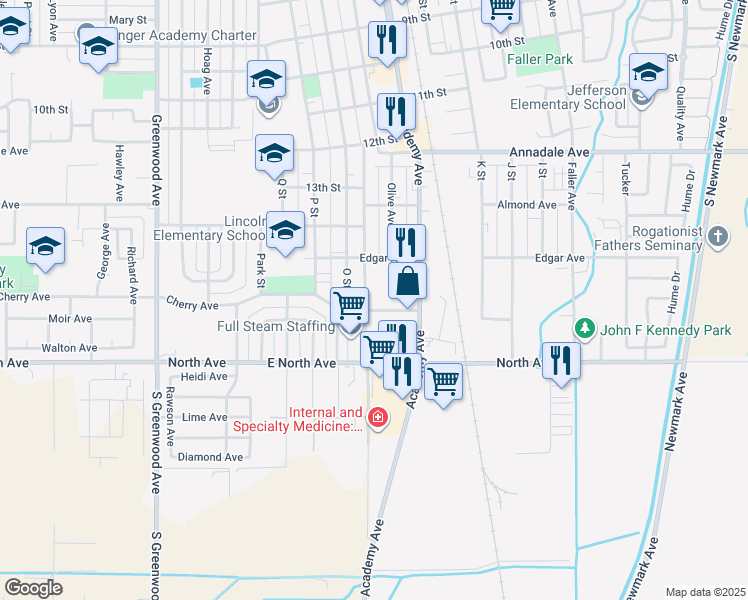 map of restaurants, bars, coffee shops, grocery stores, and more near in Sanger