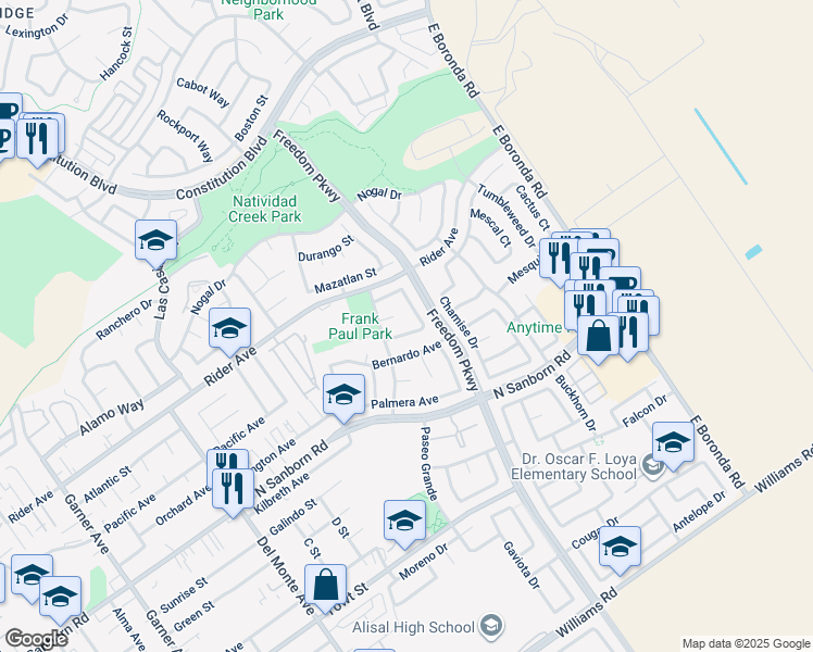 map of restaurants, bars, coffee shops, grocery stores, and more near 835 La Cuesta Court in Salinas