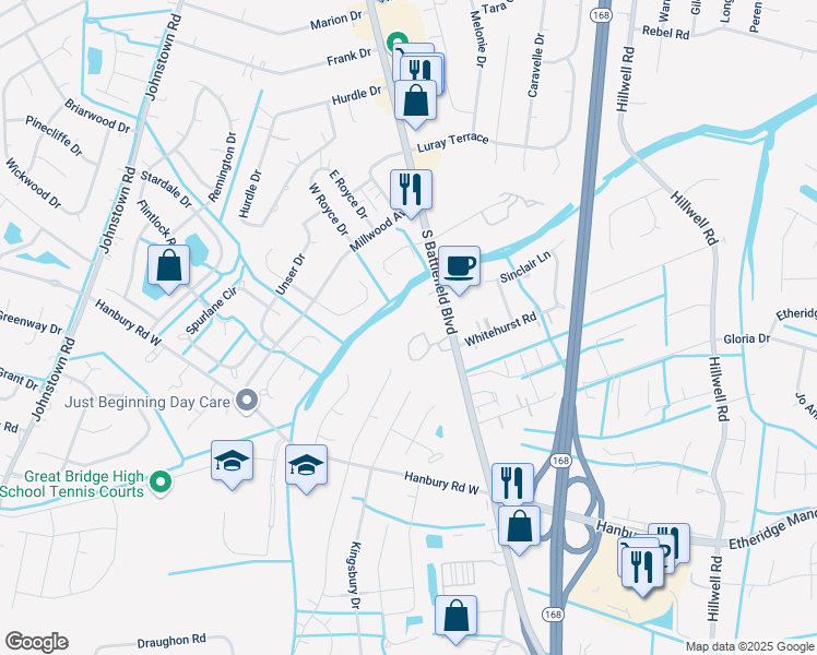 map of restaurants, bars, coffee shops, grocery stores, and more near 825-829 Woodrow Court in Chesapeake