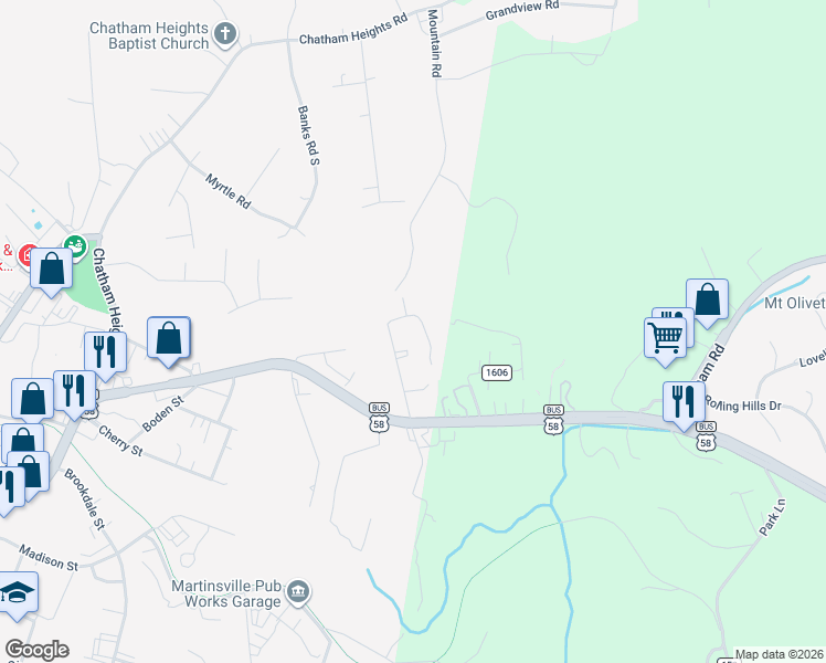 map of restaurants, bars, coffee shops, grocery stores, and more near 1502 Mountain Road in Martinsville