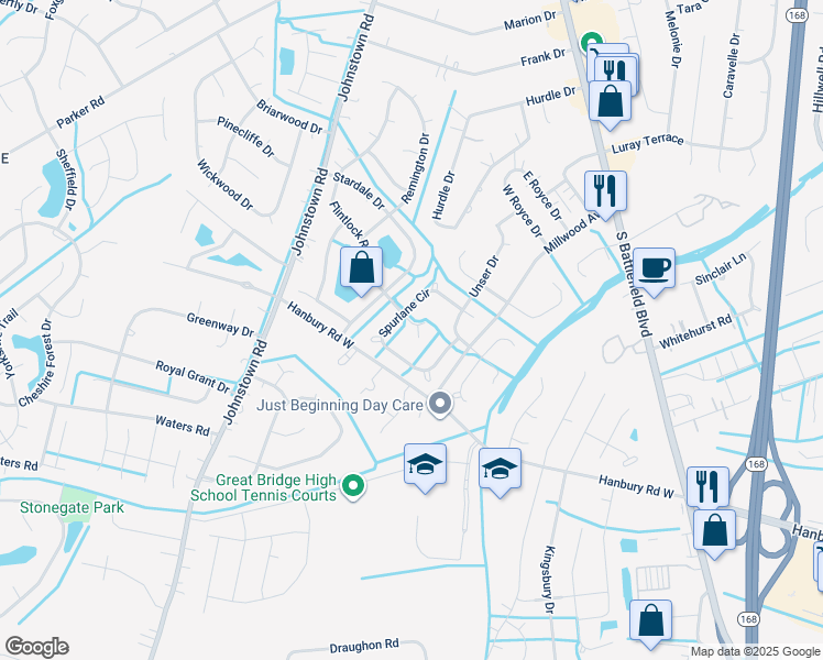 map of restaurants, bars, coffee shops, grocery stores, and more near 409 Flintlock Court in Chesapeake