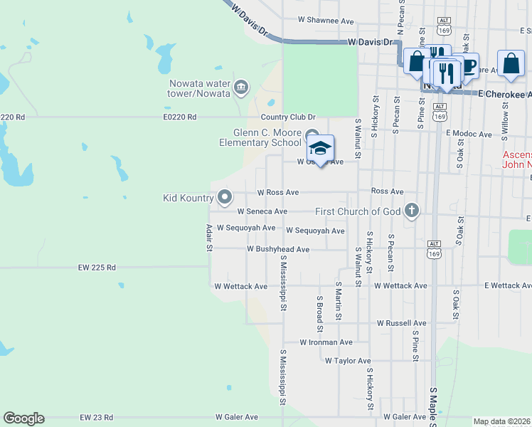 map of restaurants, bars, coffee shops, grocery stores, and more near 404 South Joe Street in Nowata