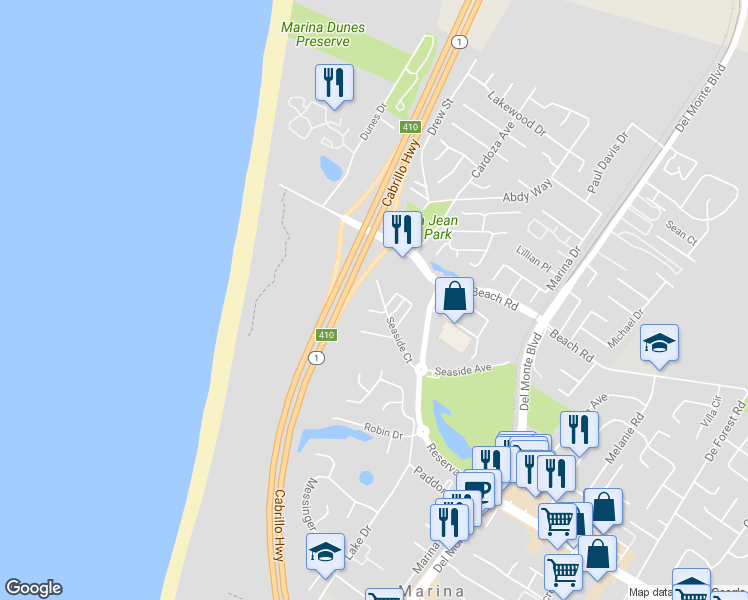 map of restaurants, bars, coffee shops, grocery stores, and more near 3227 Seaside Court in Marina