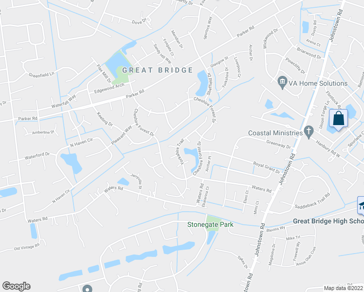 map of restaurants, bars, coffee shops, grocery stores, and more near 729 Yorkshire Trail in Chesapeake