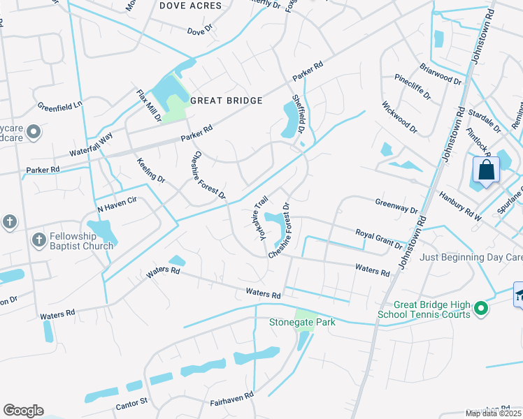 map of restaurants, bars, coffee shops, grocery stores, and more near 729 Yorkshire Trail in Chesapeake