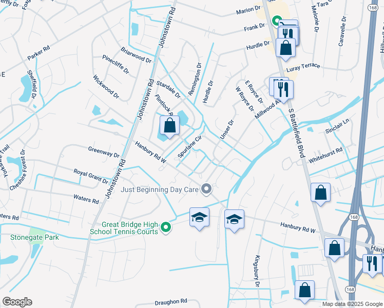 map of restaurants, bars, coffee shops, grocery stores, and more near 409 Flintlock Court in Chesapeake