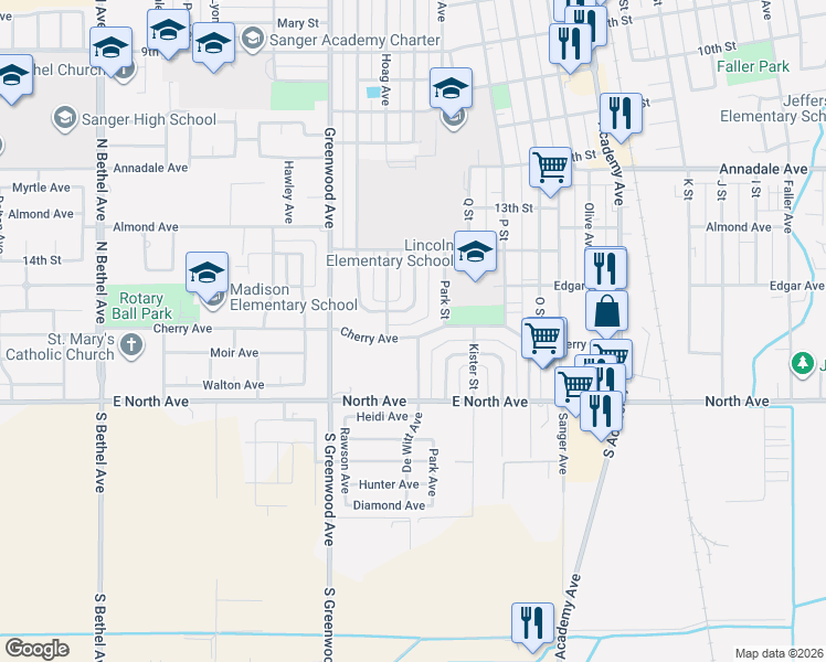 map of restaurants, bars, coffee shops, grocery stores, and more near 1720 Cherry Avenue in Sanger