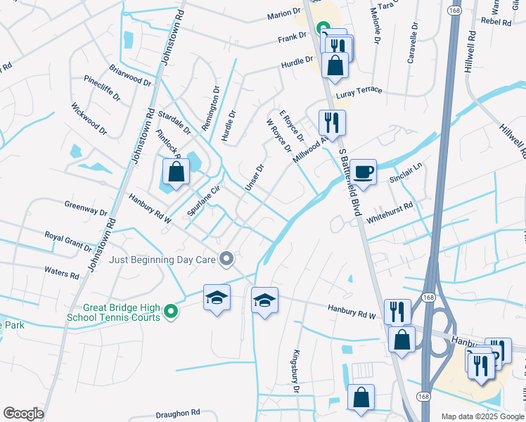 map of restaurants, bars, coffee shops, grocery stores, and more near 212 Gallenway Terrace in Chesapeake