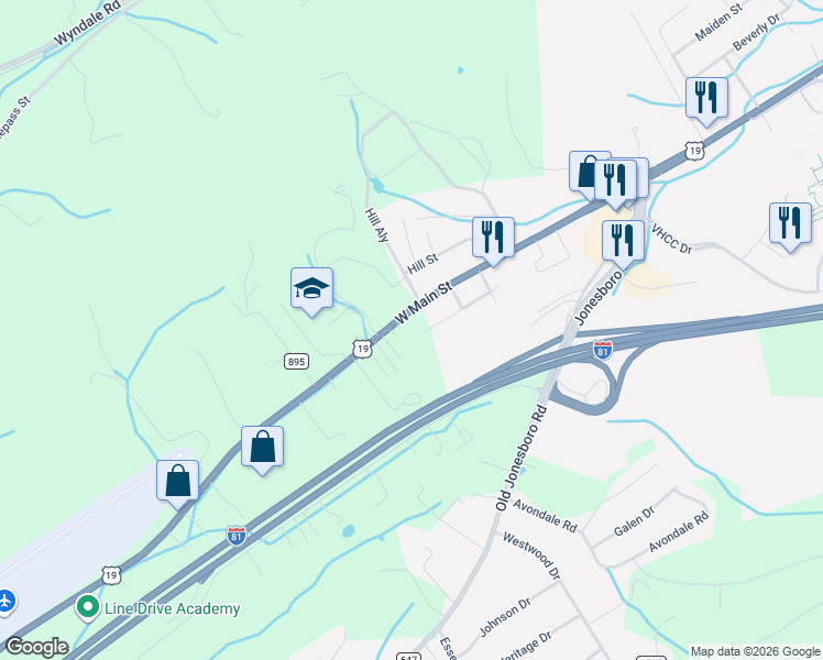 map of restaurants, bars, coffee shops, grocery stores, and more near 19484 Lee Hwy in Abingdon