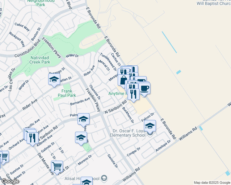 map of restaurants, bars, coffee shops, grocery stores, and more near 958 Rockrose Street in Salinas