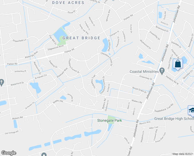 map of restaurants, bars, coffee shops, grocery stores, and more near 604 Fryar Place in Chesapeake