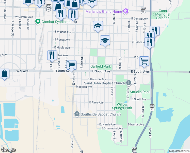 map of restaurants, bars, coffee shops, grocery stores, and more near 916 South 7th Street in Ponca City