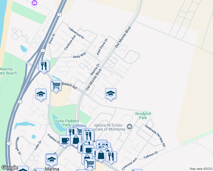 map of restaurants, bars, coffee shops, grocery stores, and more near 231 McCulloch Circle in Marina