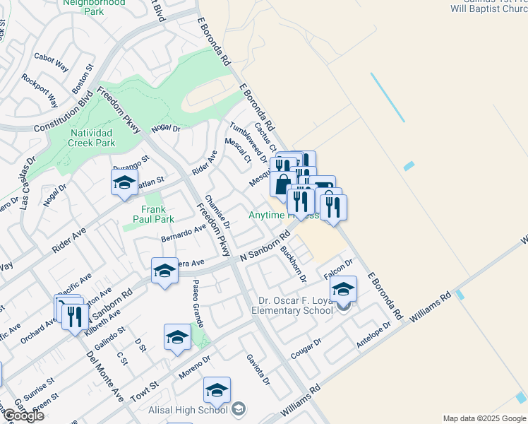 map of restaurants, bars, coffee shops, grocery stores, and more near 958 Rockrose Street in Salinas