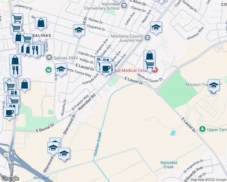 map of restaurants, bars, coffee shops, grocery stores, and more near 58 Natividad Road in Salinas