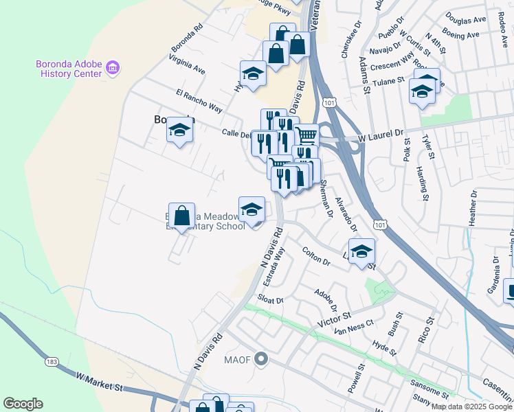 map of restaurants, bars, coffee shops, grocery stores, and more near 920 Larkin Street in Salinas