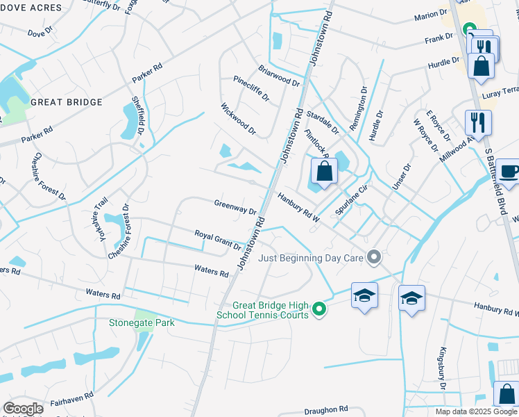 map of restaurants, bars, coffee shops, grocery stores, and more near 504 Greenway Drive in Chesapeake