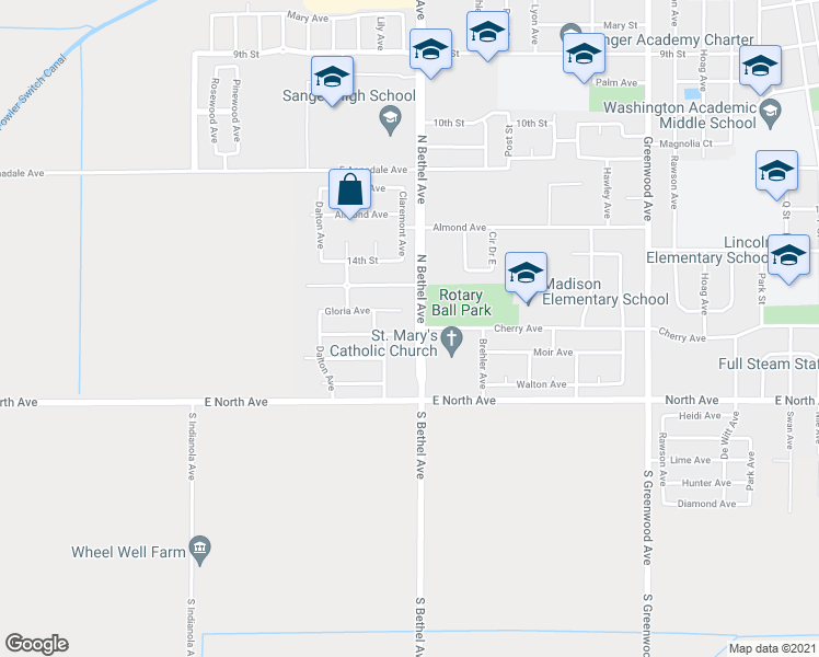 map of restaurants, bars, coffee shops, grocery stores, and more near 2632 Cherry Avenue in Sanger