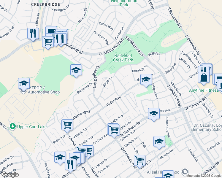 map of restaurants, bars, coffee shops, grocery stores, and more near 23 Nogal Circle in Salinas
