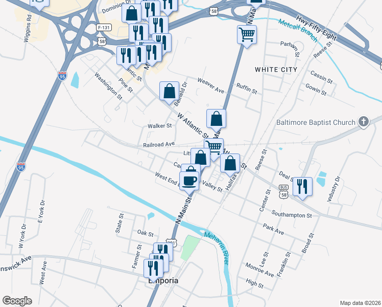 map of restaurants, bars, coffee shops, grocery stores, and more near 140 Little Street in Emporia