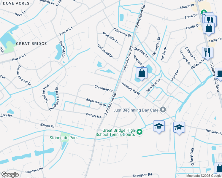 map of restaurants, bars, coffee shops, grocery stores, and more near 504 Greenway Drive in Chesapeake