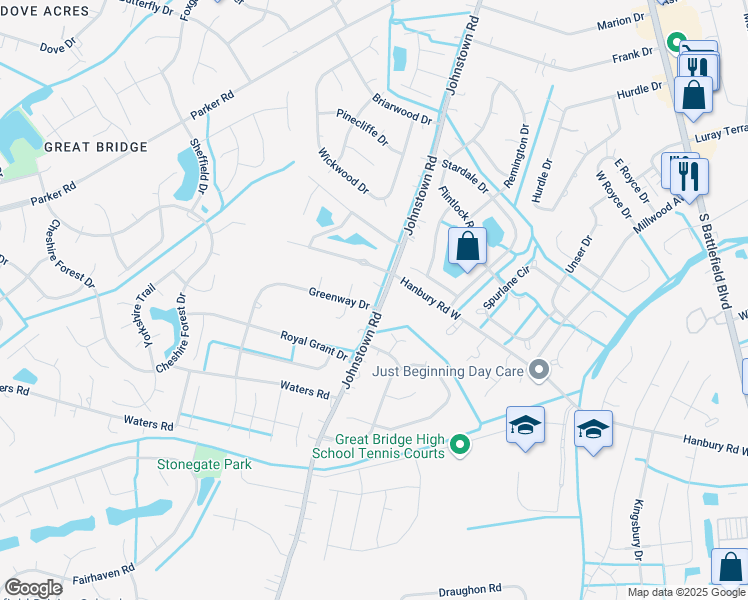 map of restaurants, bars, coffee shops, grocery stores, and more near 504 Greenway Drive in Chesapeake