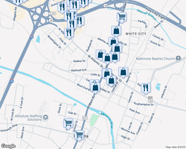 map of restaurants, bars, coffee shops, grocery stores, and more near Little Street in Emporia