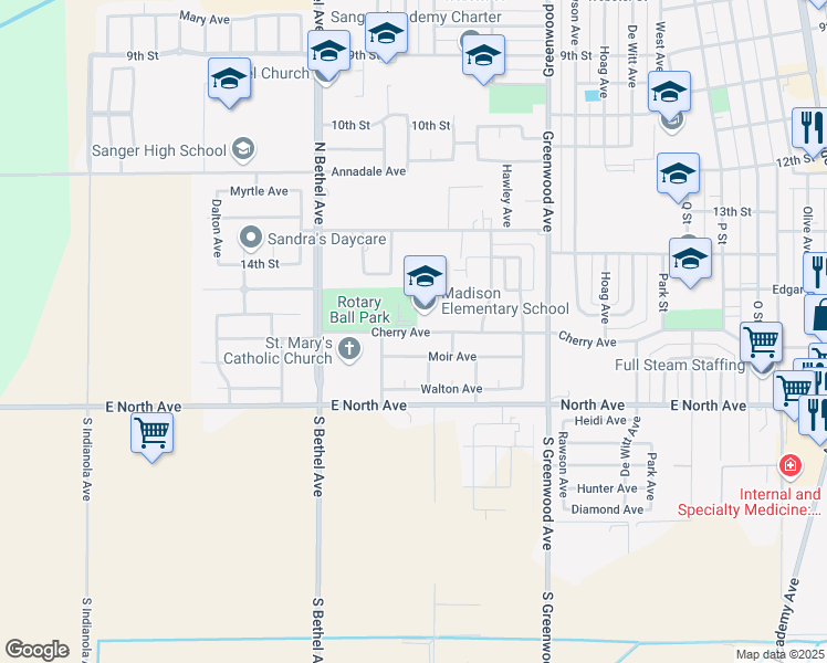 map of restaurants, bars, coffee shops, grocery stores, and more near 2324 Cherry Avenue in Sanger