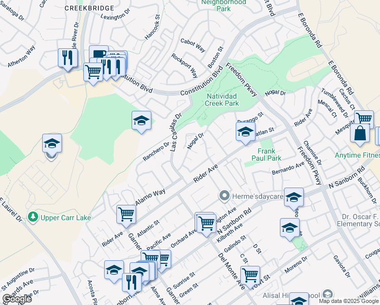 map of restaurants, bars, coffee shops, grocery stores, and more near 2 Nogal Cir in Salinas