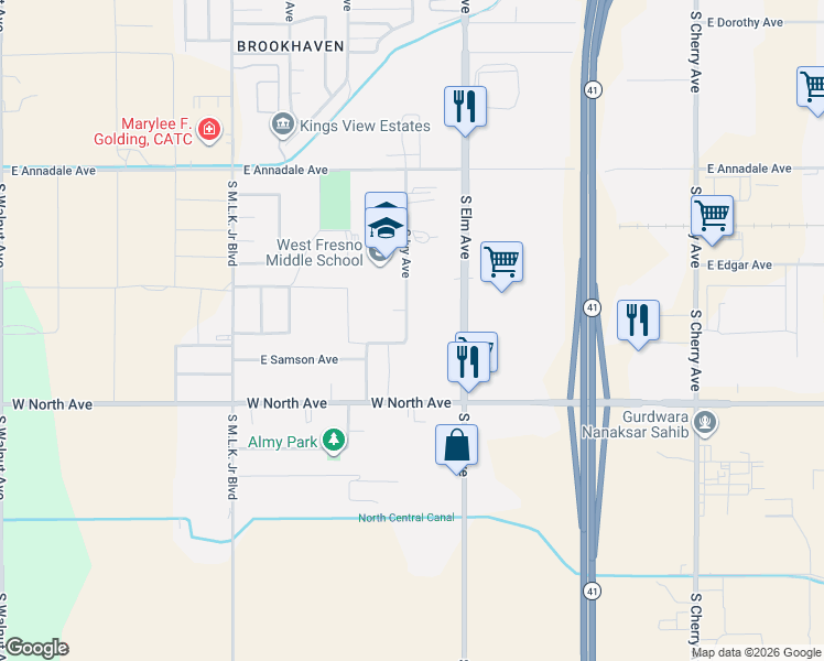 map of restaurants, bars, coffee shops, grocery stores, and more near 2943 South Ivy Avenue in Fresno