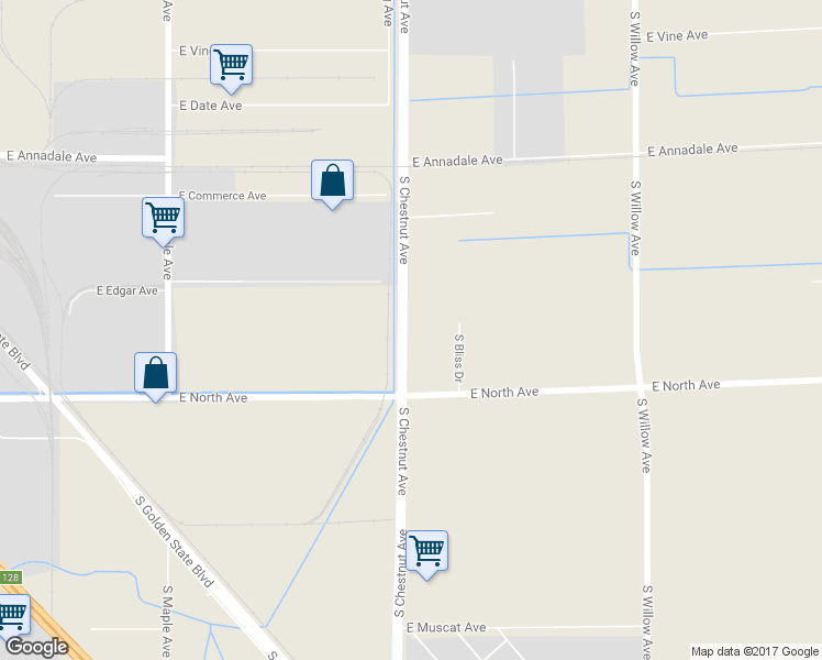 map of restaurants, bars, coffee shops, grocery stores, and more near 2943 South Chestnut Avenue in Fresno