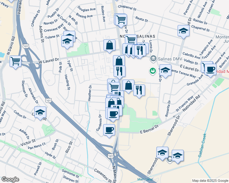 map of restaurants, bars, coffee shops, grocery stores, and more near 1043 North Main Street in Salinas