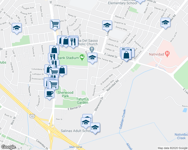 map of restaurants, bars, coffee shops, grocery stores, and more near 61 O'Connor Circle in Salinas