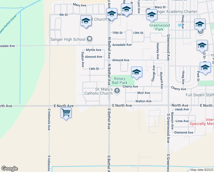 map of restaurants, bars, coffee shops, grocery stores, and more near 2632 Cherry Avenue in Sanger