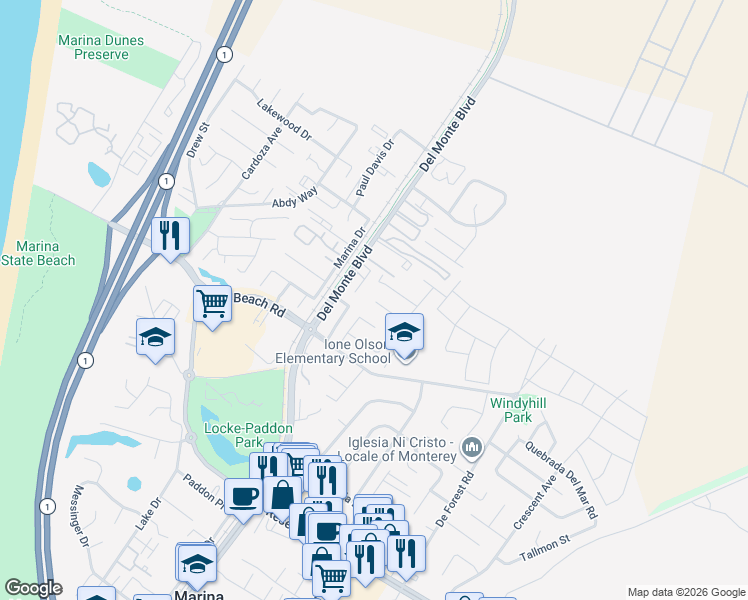 map of restaurants, bars, coffee shops, grocery stores, and more near 225 McCulloch Circle in Marina