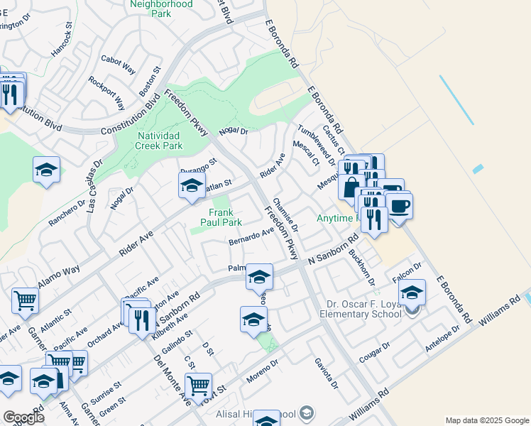 map of restaurants, bars, coffee shops, grocery stores, and more near 835 La Cuesta Court in Salinas