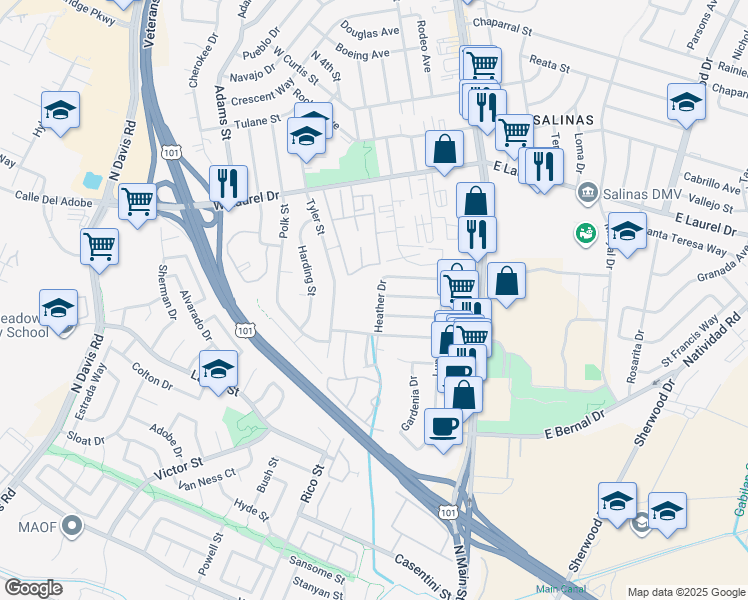 map of restaurants, bars, coffee shops, grocery stores, and more near 1043 Heather Drive in Salinas