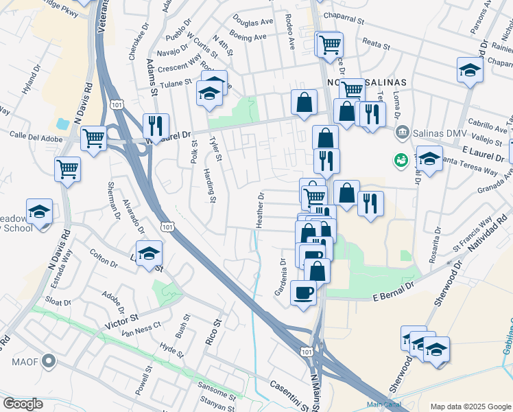 map of restaurants, bars, coffee shops, grocery stores, and more near 1043 Heather Drive in Salinas