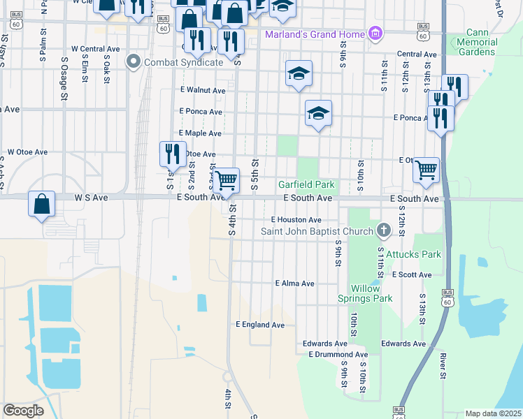 map of restaurants, bars, coffee shops, grocery stores, and more near 915 1/2 South 5th Street in Ponca City