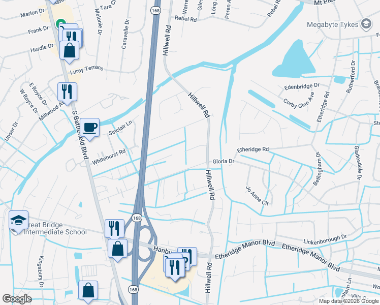 map of restaurants, bars, coffee shops, grocery stores, and more near 305 Christa Drive in Chesapeake