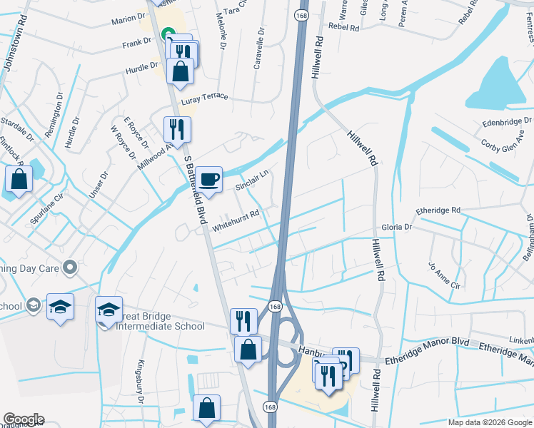 map of restaurants, bars, coffee shops, grocery stores, and more near 200 Whitehurst Road in Chesapeake