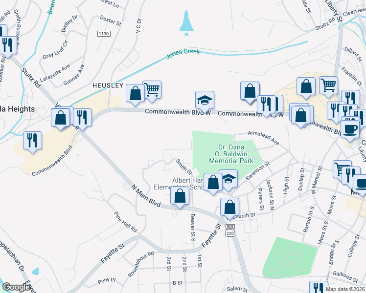 map of restaurants, bars, coffee shops, grocery stores, and more near 824 New York Avenue in Martinsville