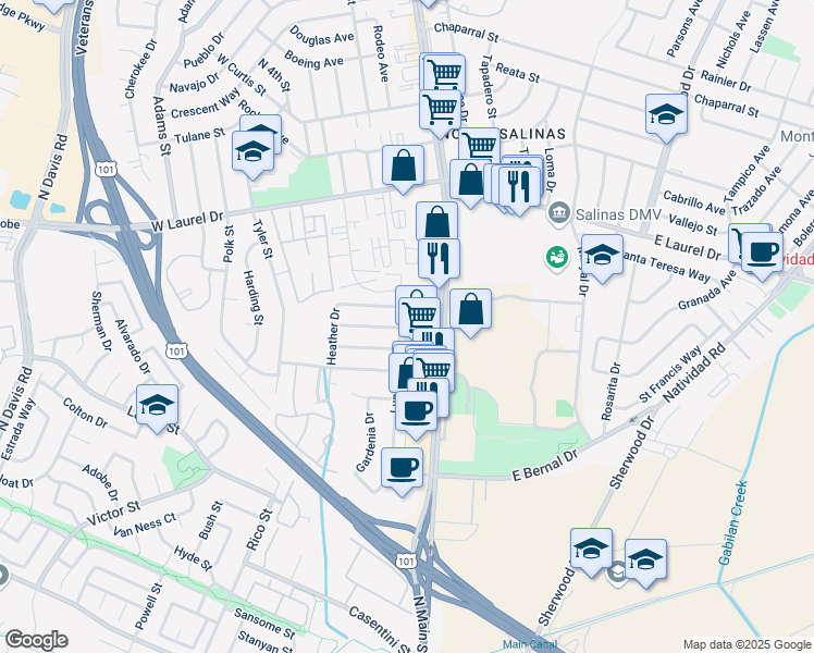 map of restaurants, bars, coffee shops, grocery stores, and more near 1043 North Main Street in Salinas
