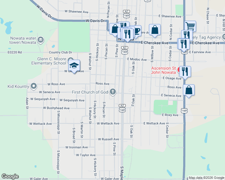 map of restaurants, bars, coffee shops, grocery stores, and more near 346 South Pine Street in Nowata
