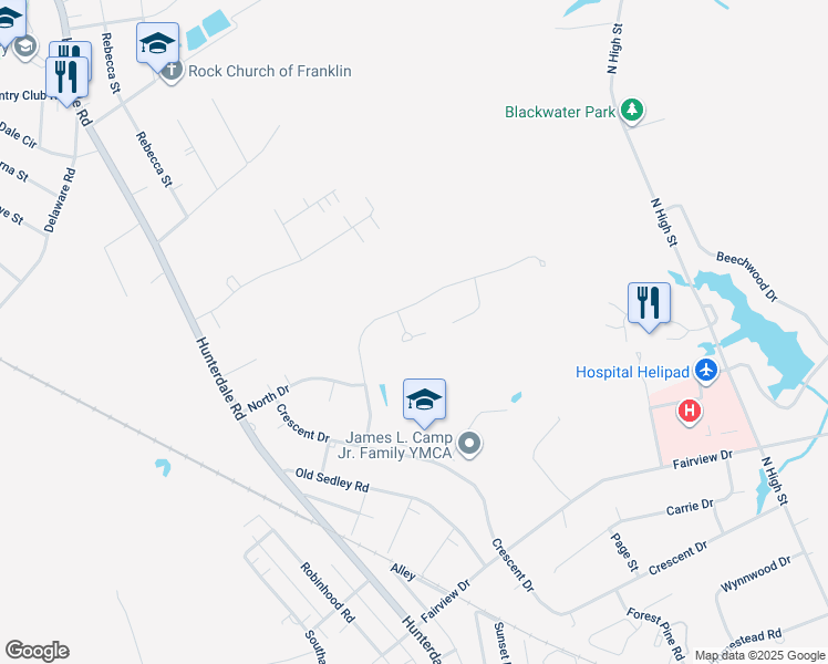 map of restaurants, bars, coffee shops, grocery stores, and more near 124 Woodland Circle in Franklin