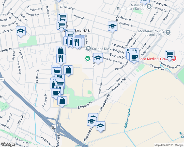 map of restaurants, bars, coffee shops, grocery stores, and more near 85 Maryal Drive in Salinas